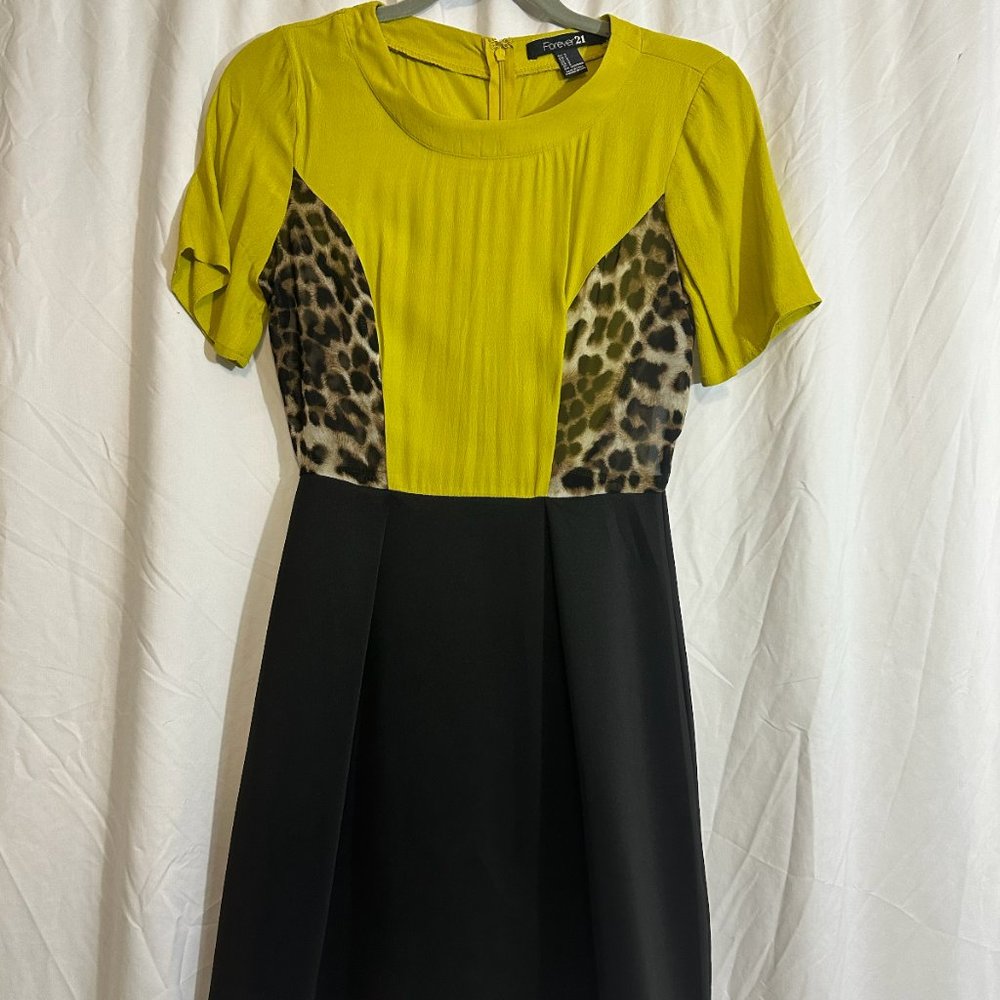 A-Line Dress (yellow, black, and transparent leopard print on sides) | F21 (S)